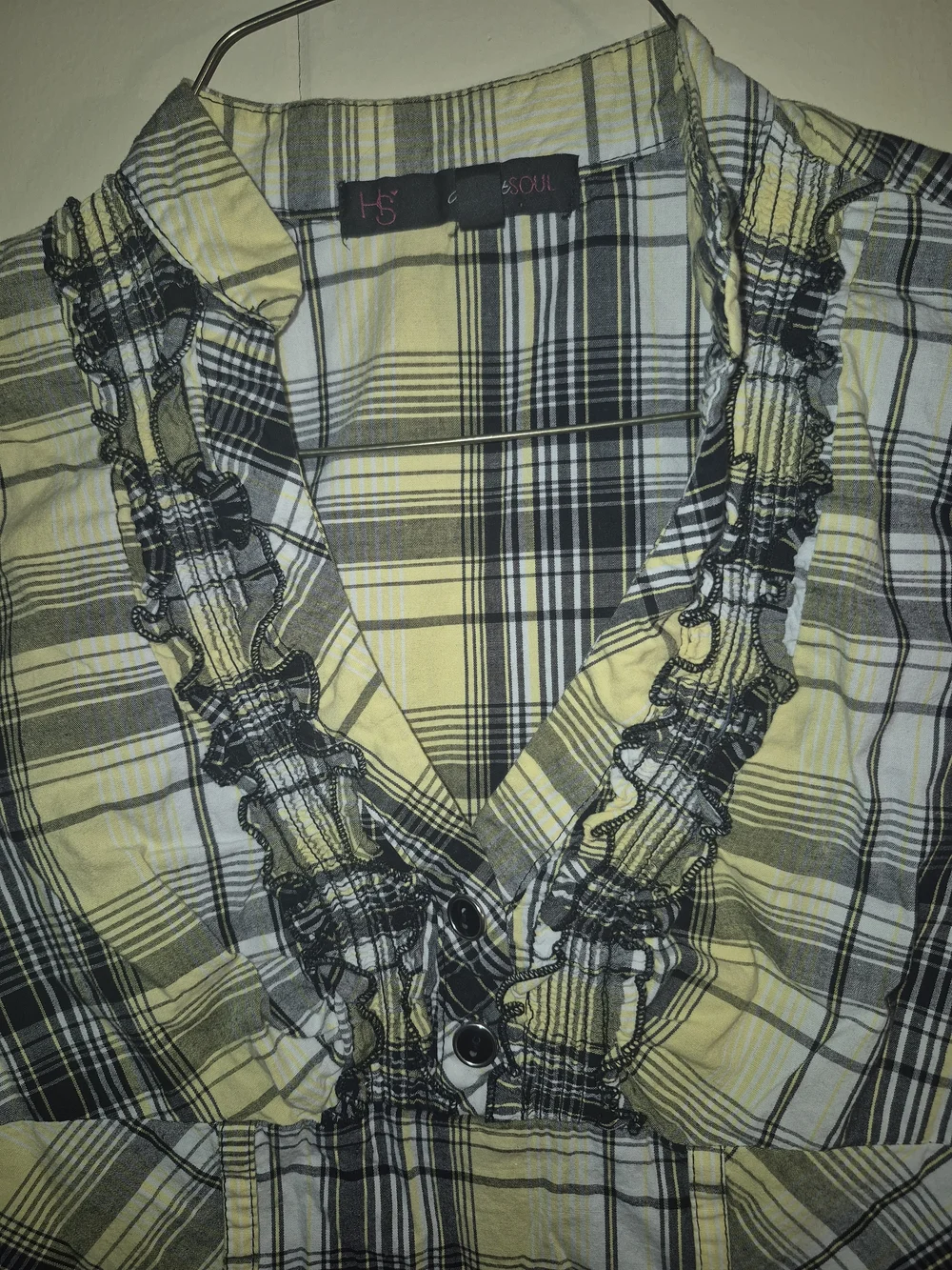 Heart & Soul Juniors Yellow & Black Plaid Ruffle Front Cap Sleeve Shirt Sz Small